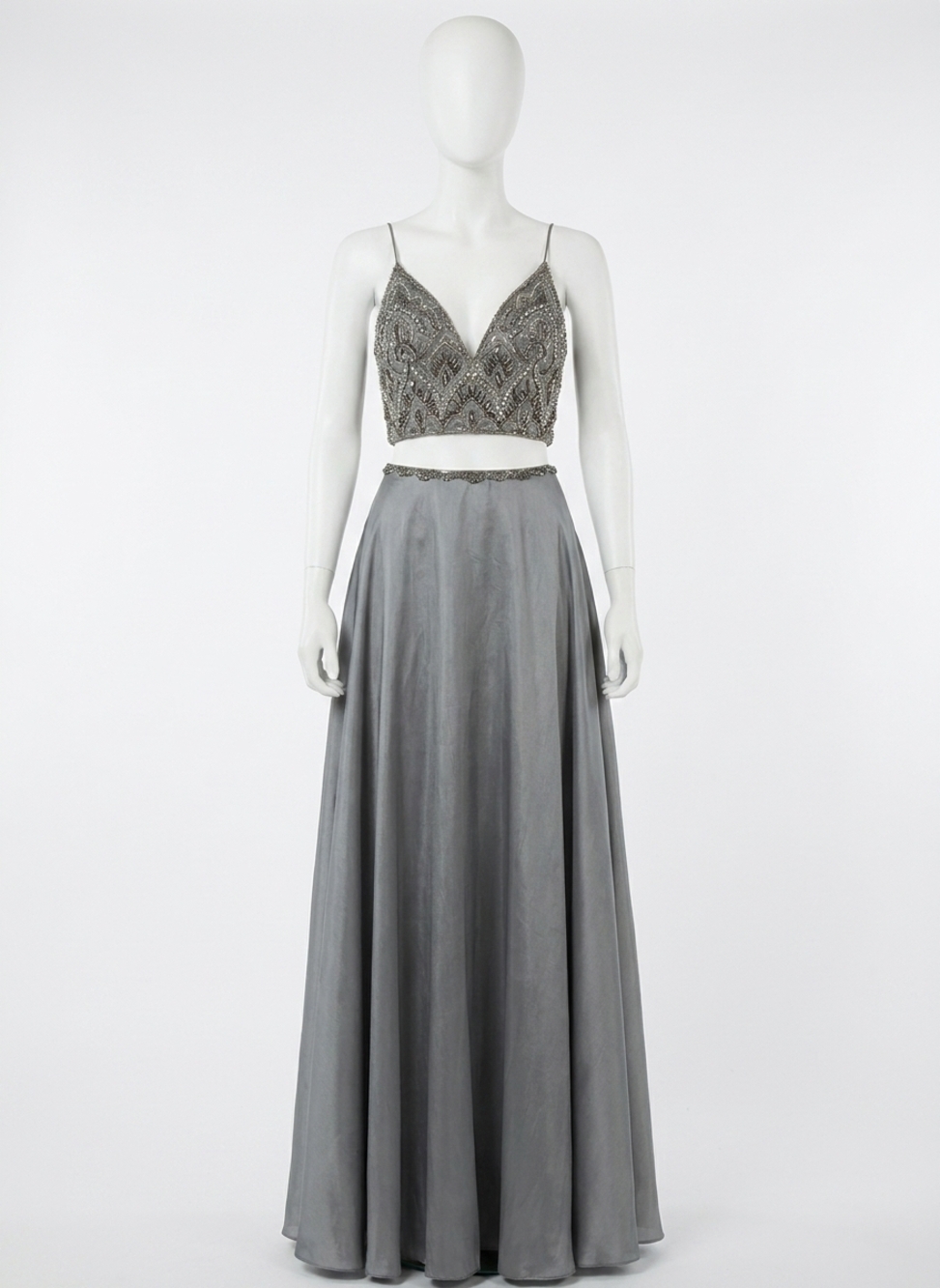 NEW RACHEL ALLAN two-piece chiffon prom dress in gunmetal